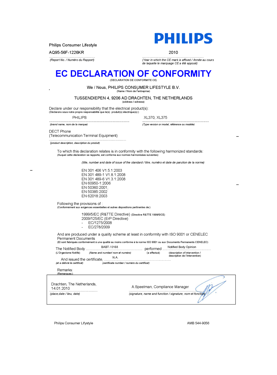 Philips XL375, XL370 user manual EC Declaration of Conformity 