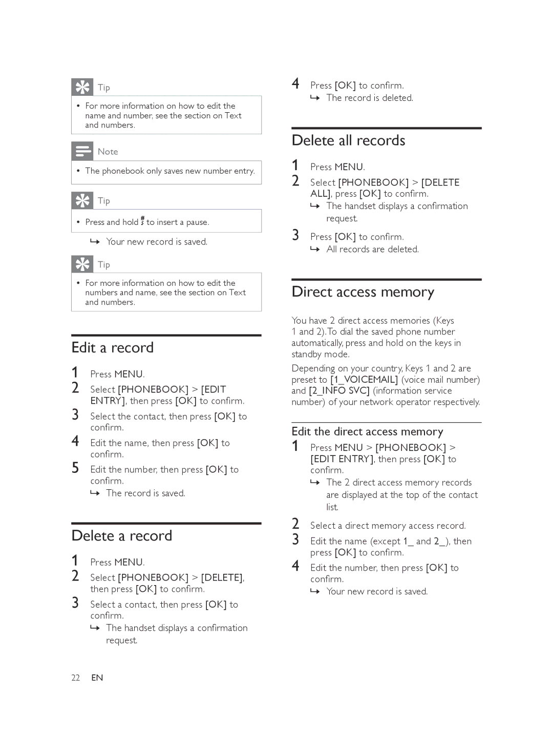 Philips XL375 Edit a record, Delete a record, Delete all records, Direct access memory, Edit the direct access memory 