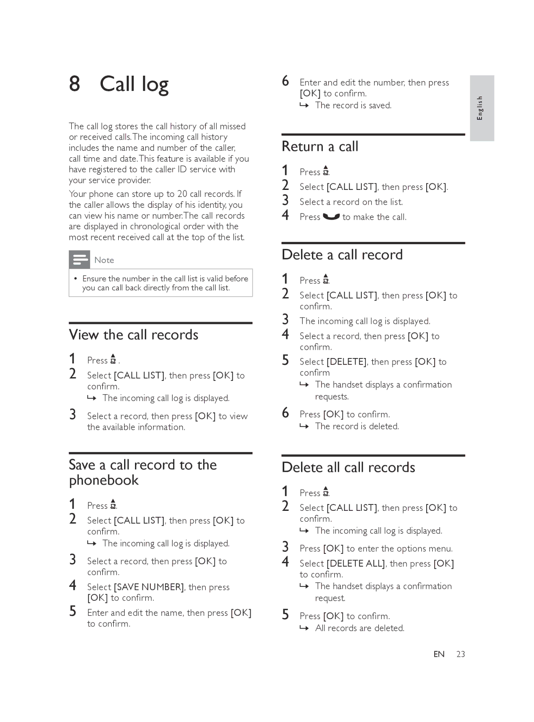 Philips XL370, XL375 user manual Call log 