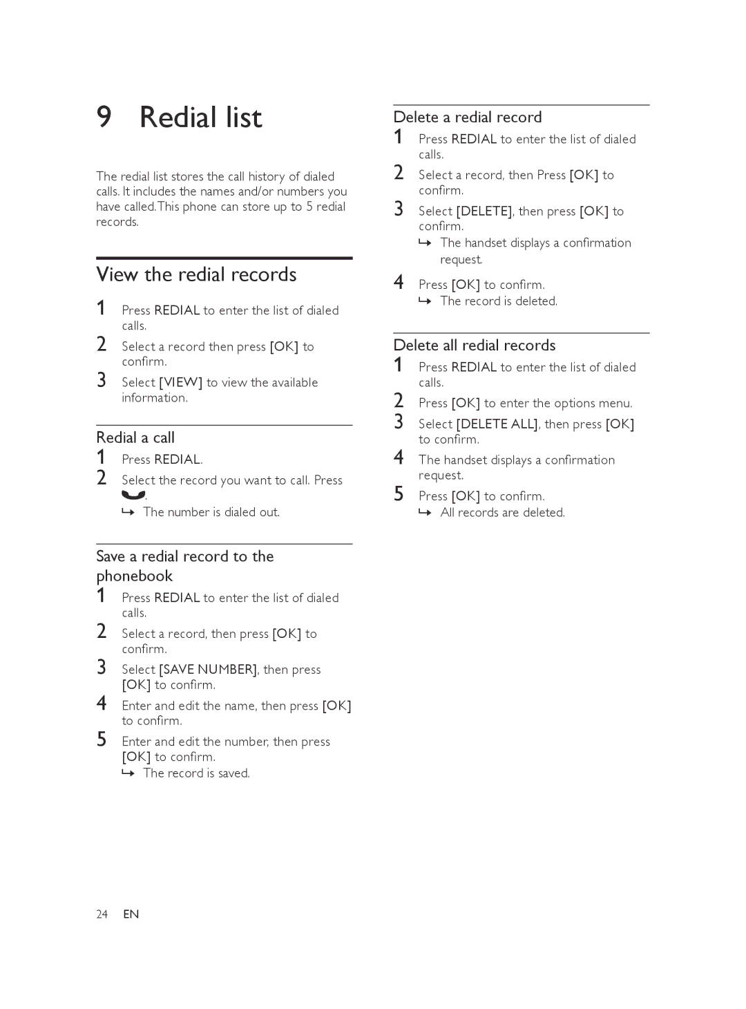 Philips XL375, XL370 user manual Redial list, View the redial records, Redial a call, Delete all redial records 