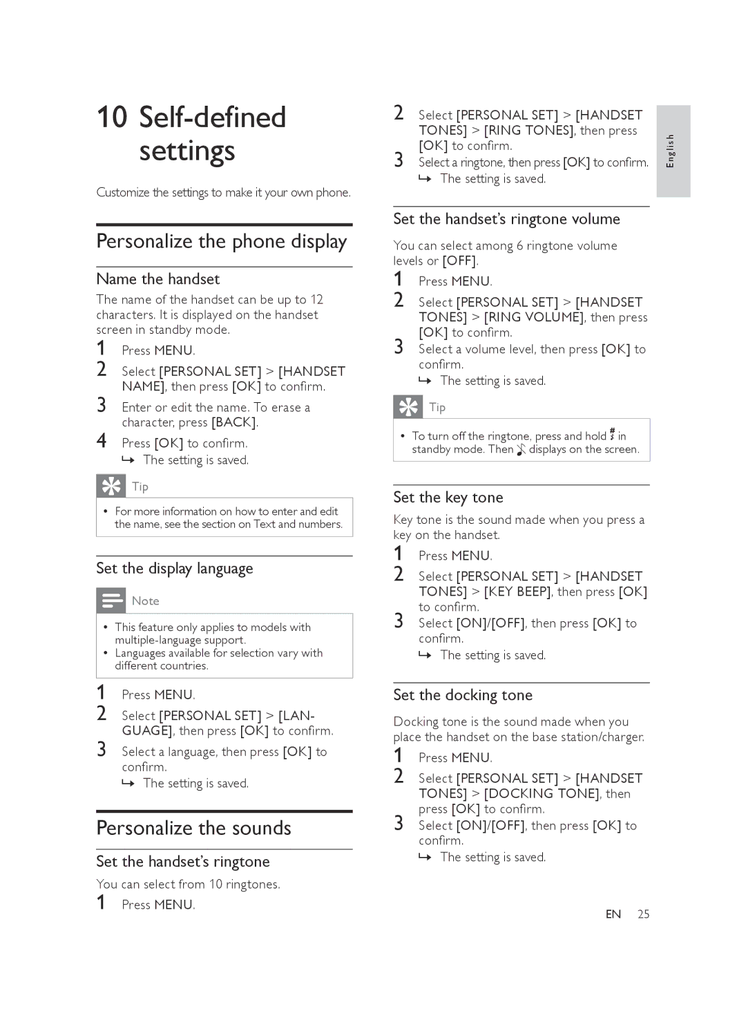 Philips XL370, XL375 user manual Personalize the phone display, Personalize the sounds 