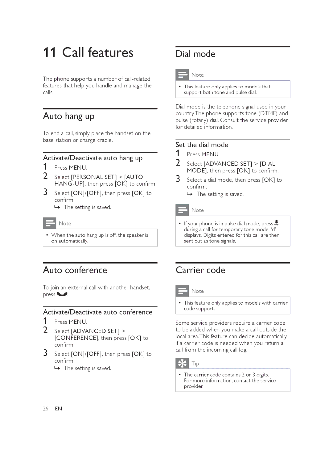 Philips XL375, XL370 user manual Call features, Auto hang up, Dial mode, Auto conference, Carrier code 