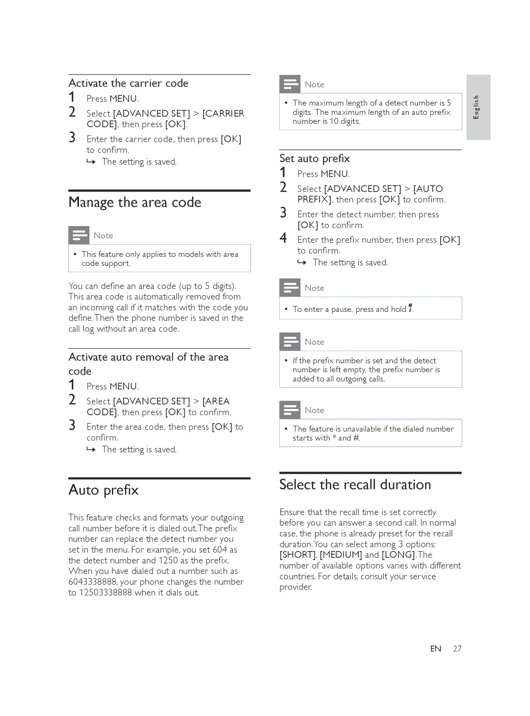 Philips XL370, XL375 Manage the area code, Auto prefix, Select the recall duration, Activate auto removal of the area code 