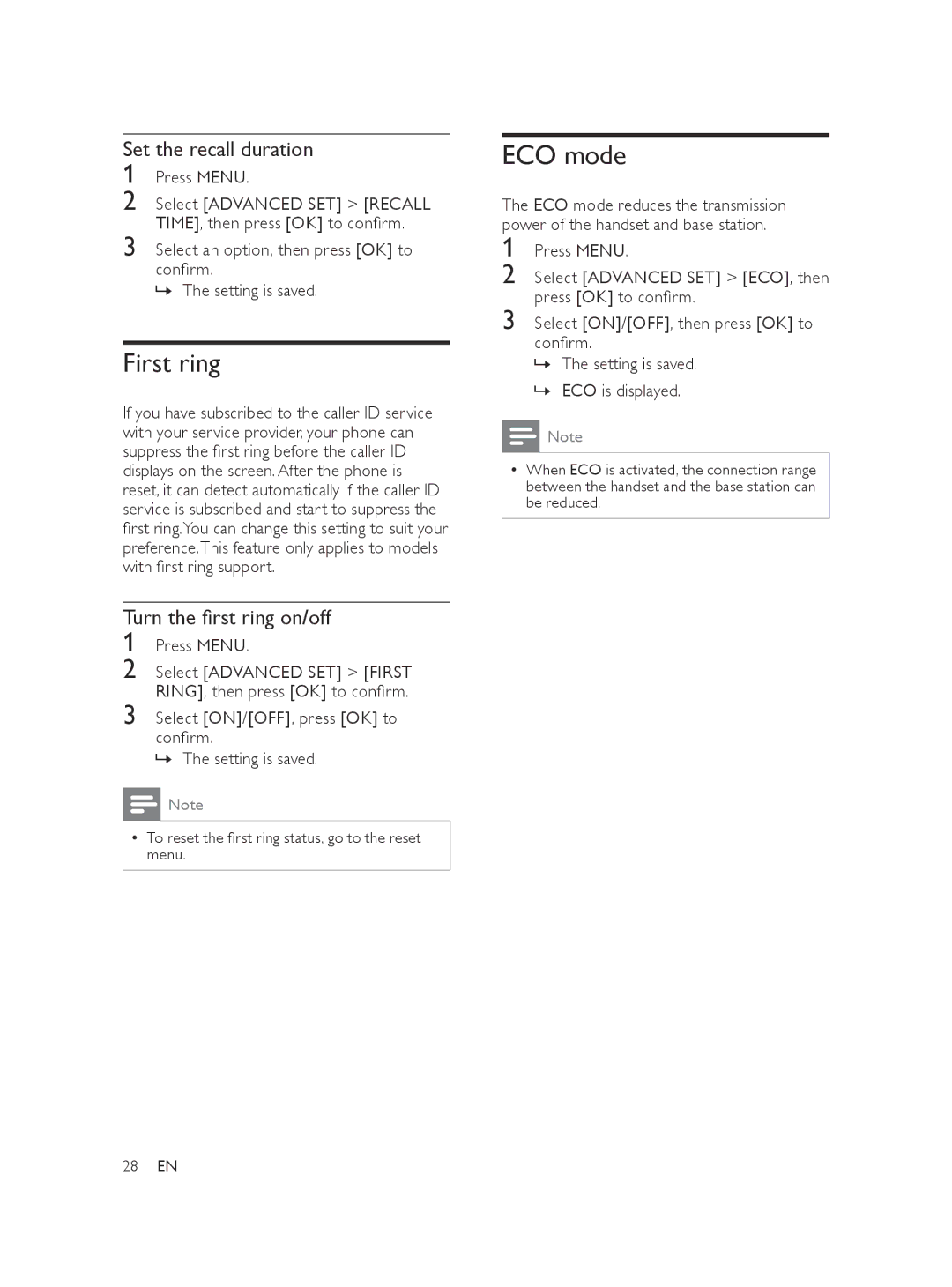 Philips XL375, XL370 user manual First ring, ECO mode, Turn the first ring on/off 1 Press Menu, »» ECO is displayed 