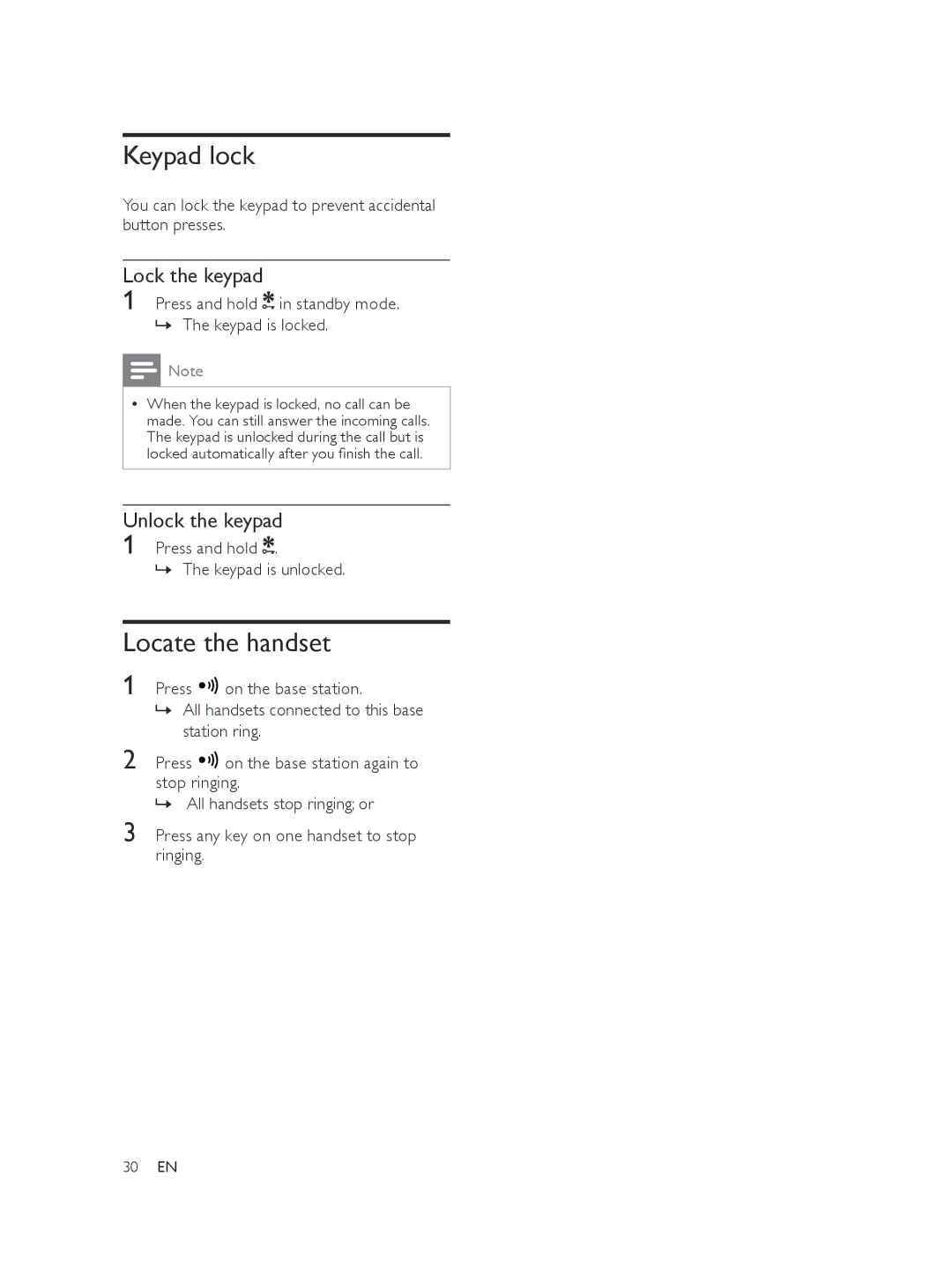 Philips XL375 Keypad lock, Locate the handset, Lock the keypad, Press and hold in standby mode. »» The keypad is locked 