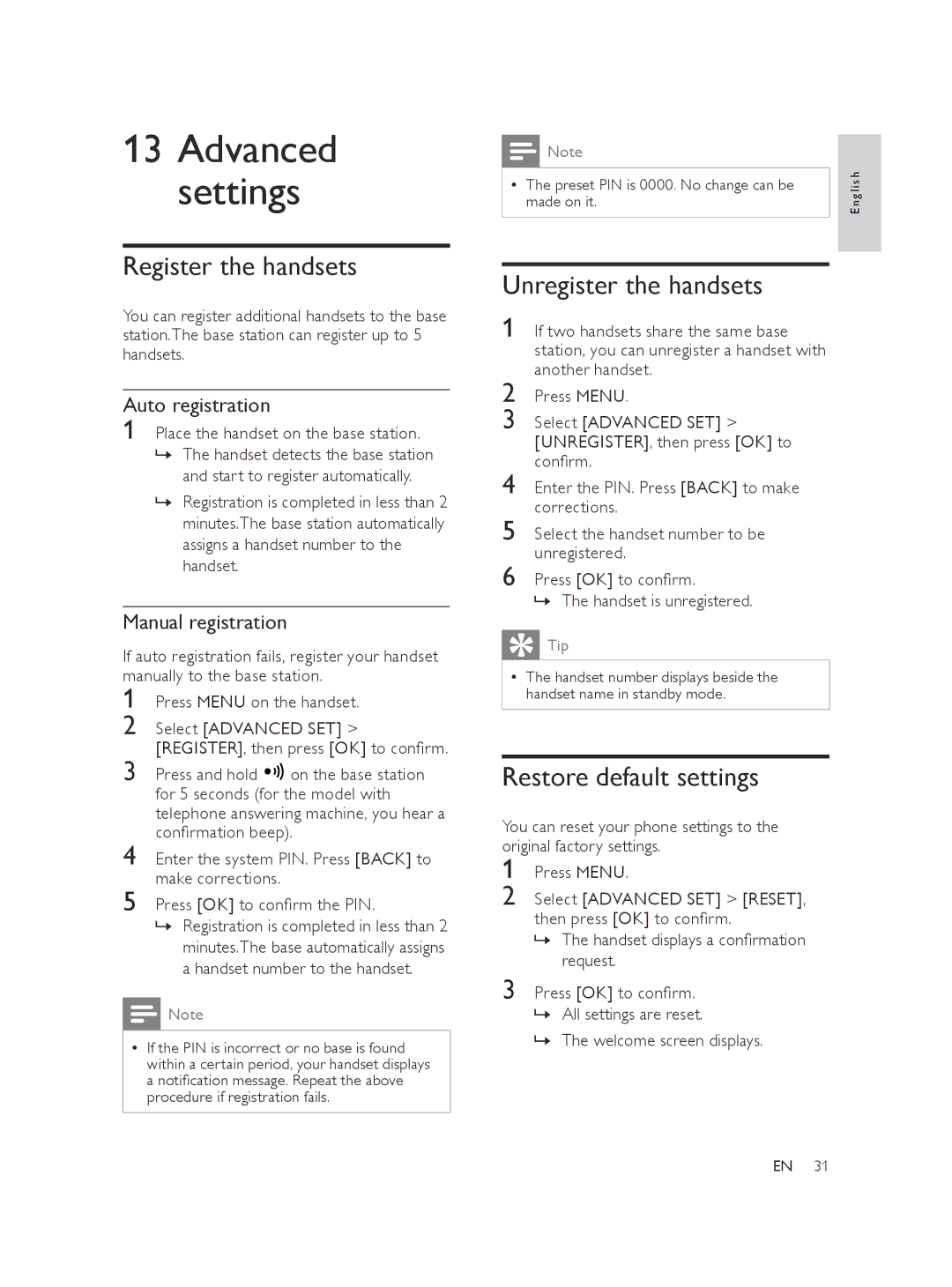 Philips XL370, XL375 user manual Register the handsets, Auto registration, Manual registration 