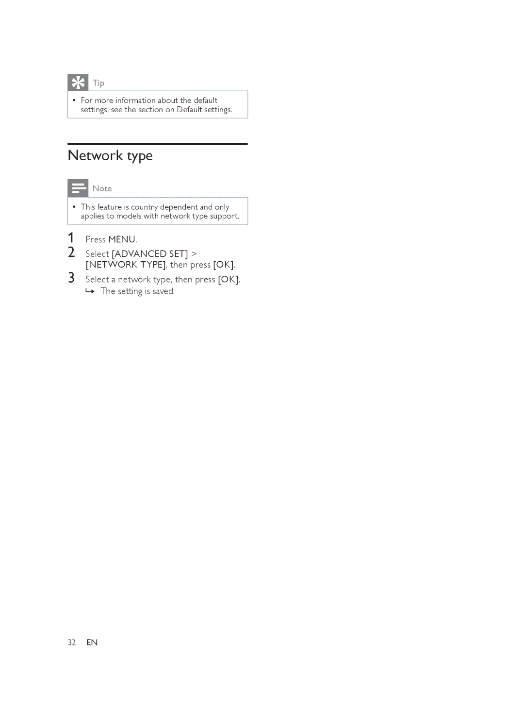 Philips XL375, XL370 user manual Network type, Press Menu 