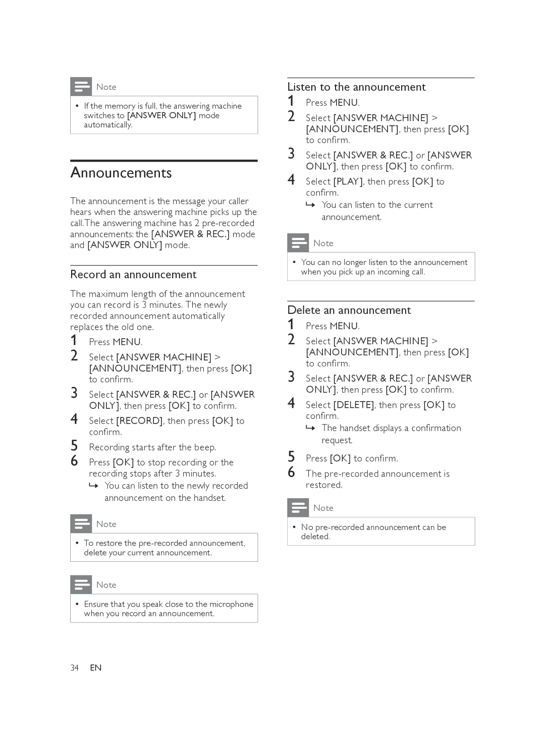 Philips XL375, XL370 user manual Announcements, Record an announcement 