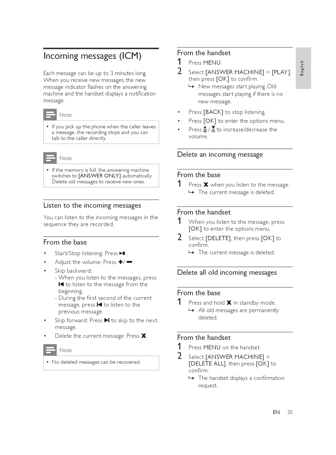 Philips XL370, XL375 user manual Incoming messages ICM 