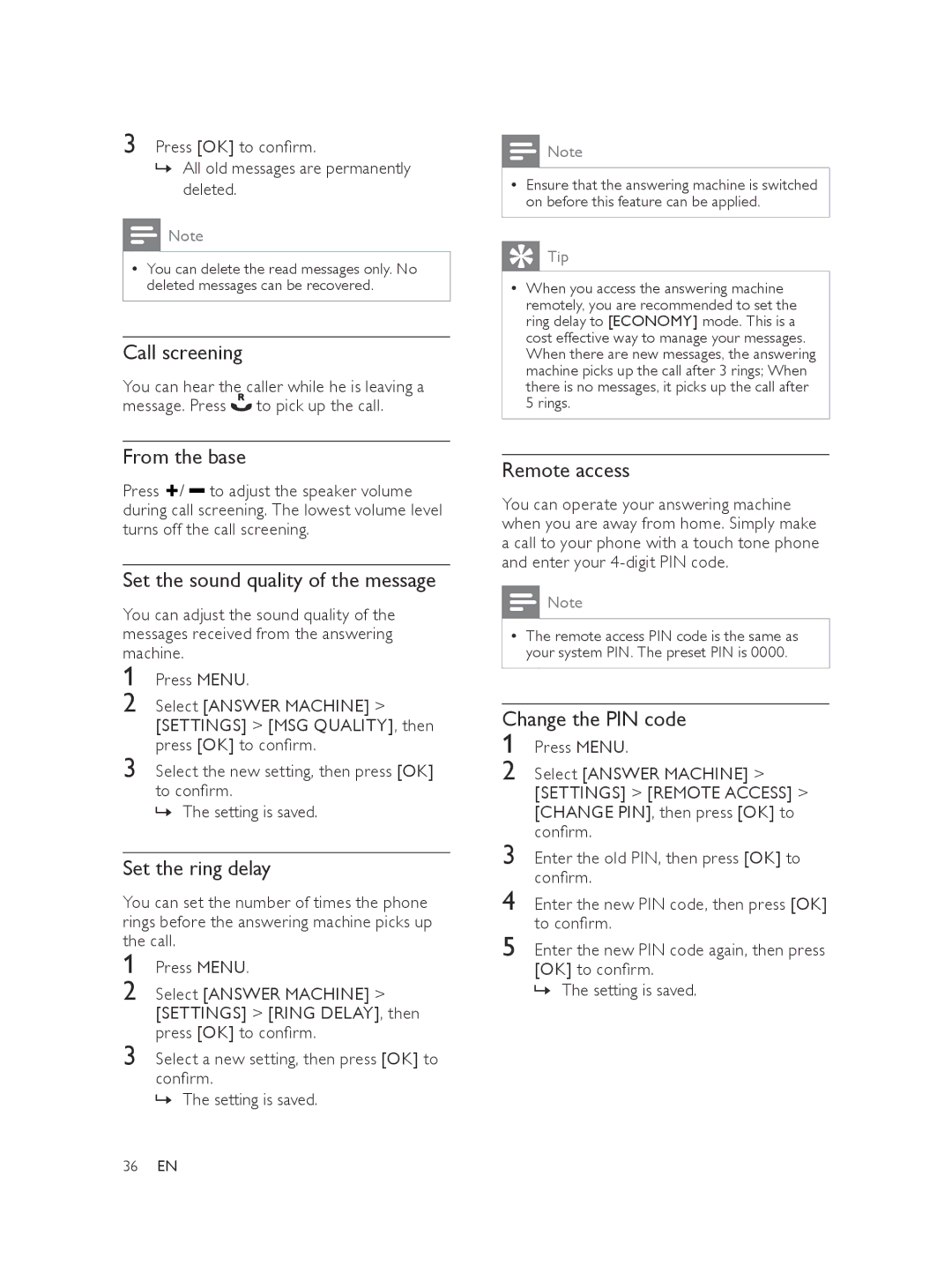 Philips XL375, XL370 user manual Call screening, Set the sound quality of the message, Set the ring delay, Remote access 