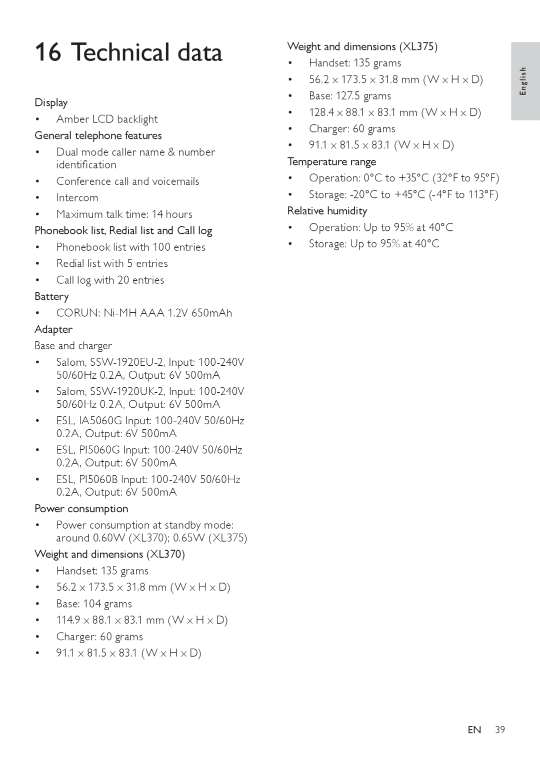 Philips XL370, XL375 user manual Technical data, Display 