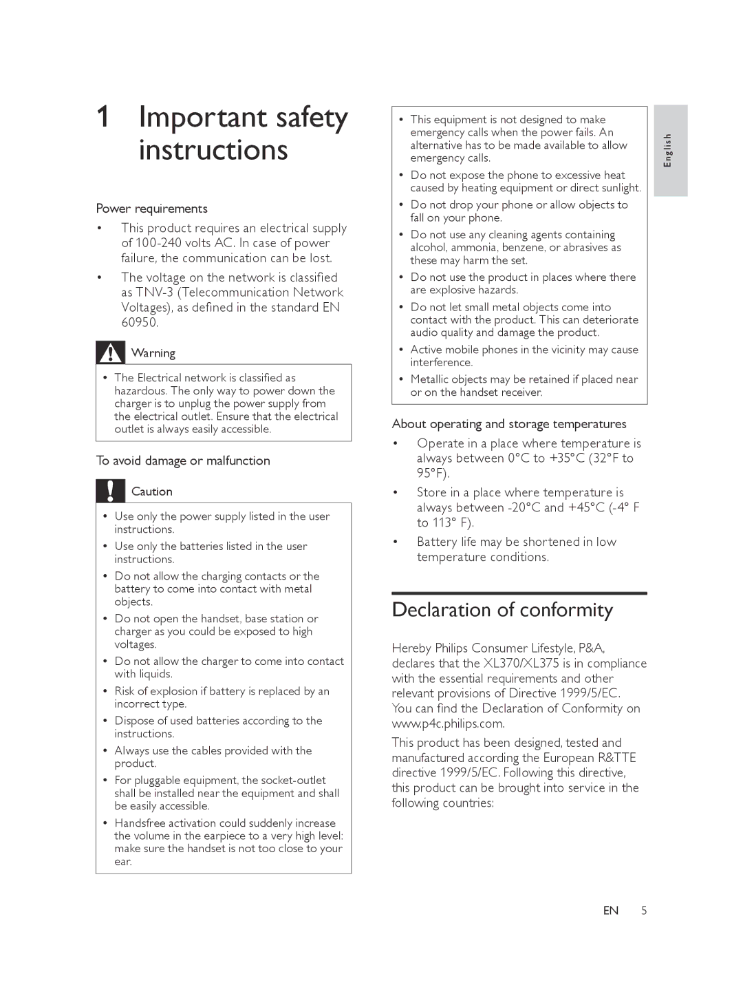 Philips XL370, XL375 Declaration of conformity, Power requirements, Voltages, as defined in the standard EN 60950 