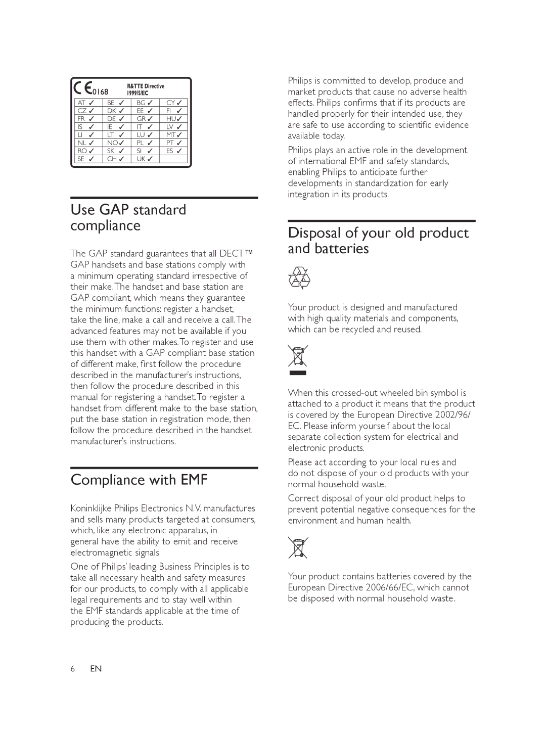 Philips XL375, XL370 user manual Compliance with EMF, Disposal of your old product and batteries 