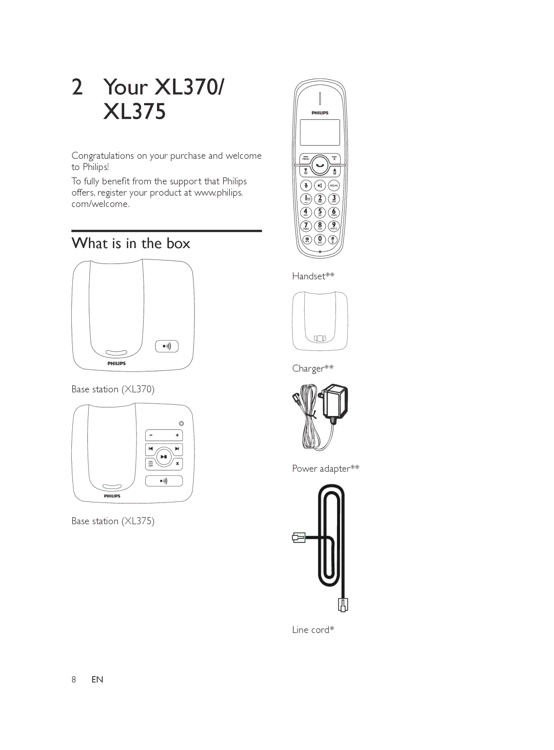 Philips XL375, XL370 user manual What is in the box, Congratulations on your purchase and welcome to Philips 