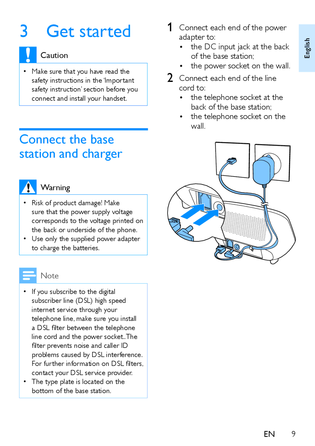 Philips XL390, XL395 user manual Get started, Connect the base station and charger, Connect each end of the line cord to 