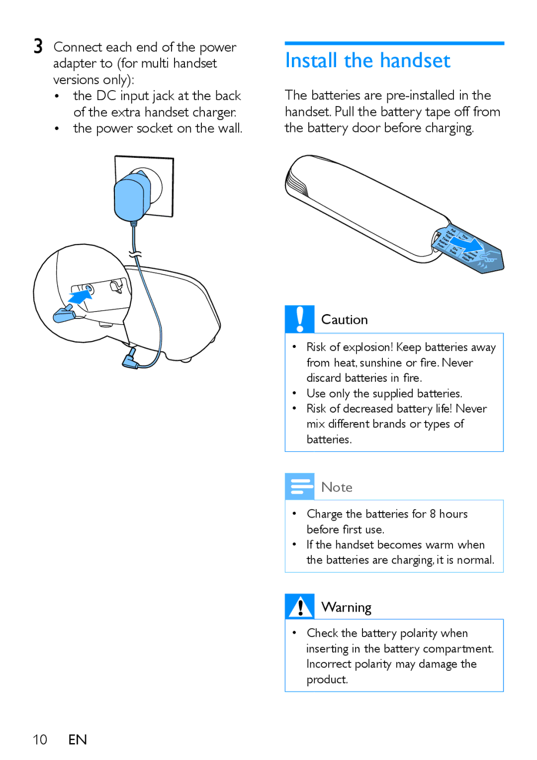 Philips XL395, XL390 user manual Install the handset, Power socket on the wall, 10 EN 