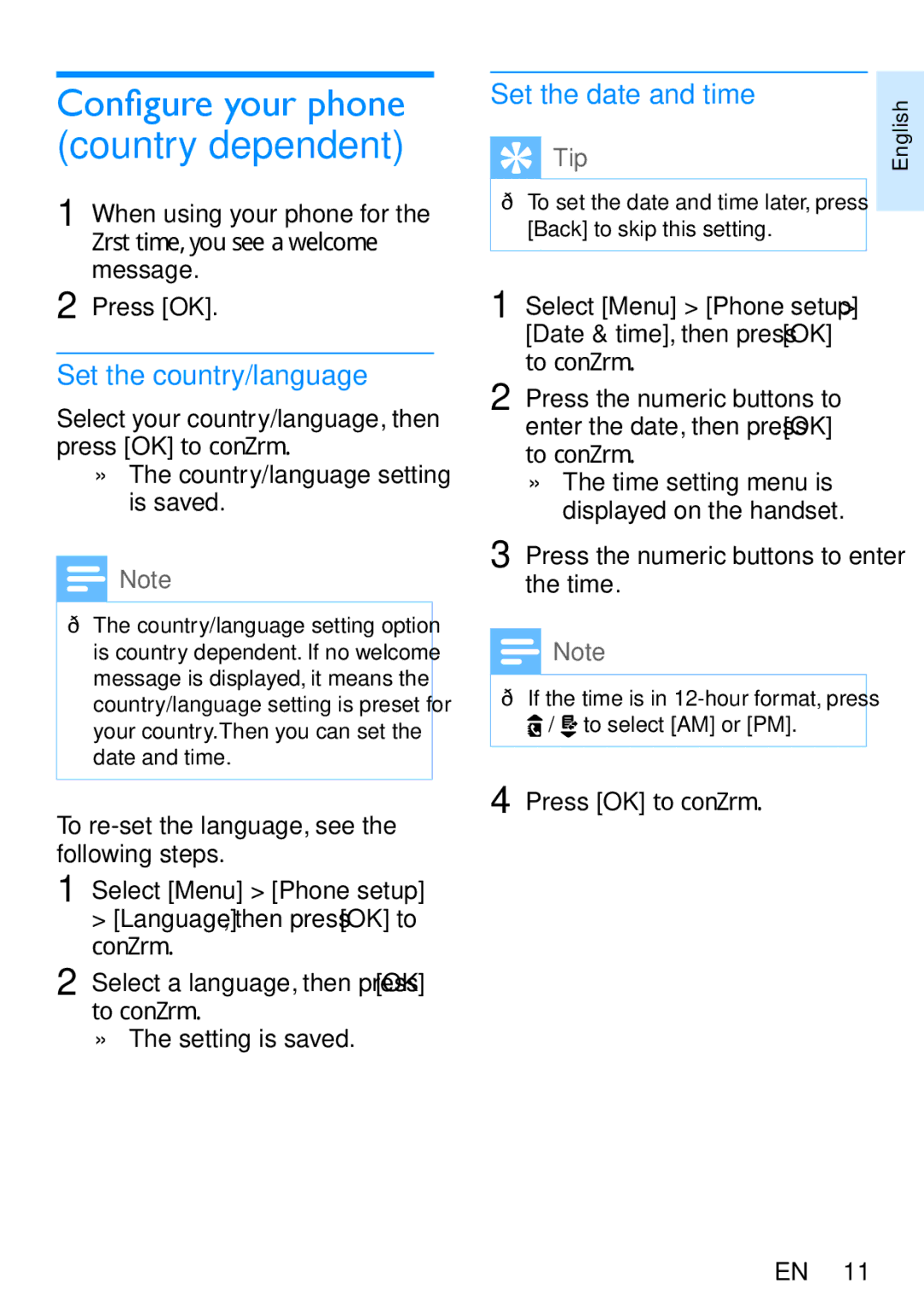 Philips XL390, XL395 user manual Configure your phone country dependent, Set the country/language, Set the date and time 