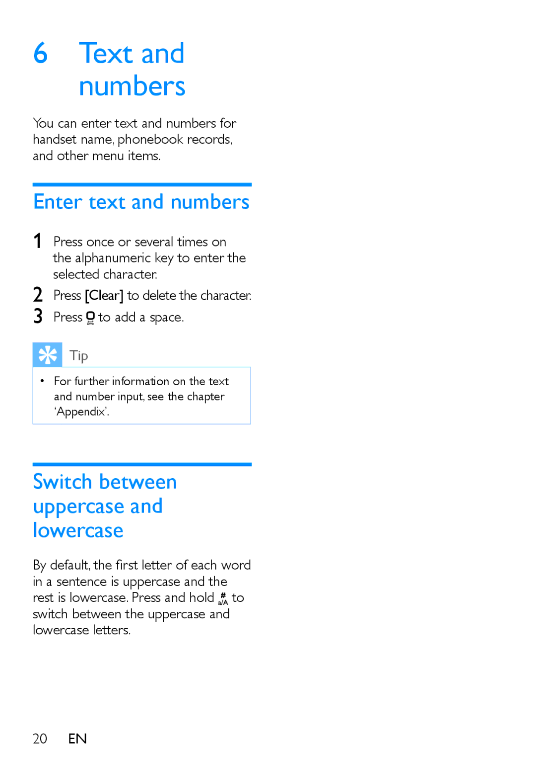 Philips XL395, XL390 user manual Enter text and numbers, Switch between uppercase and lowercase 