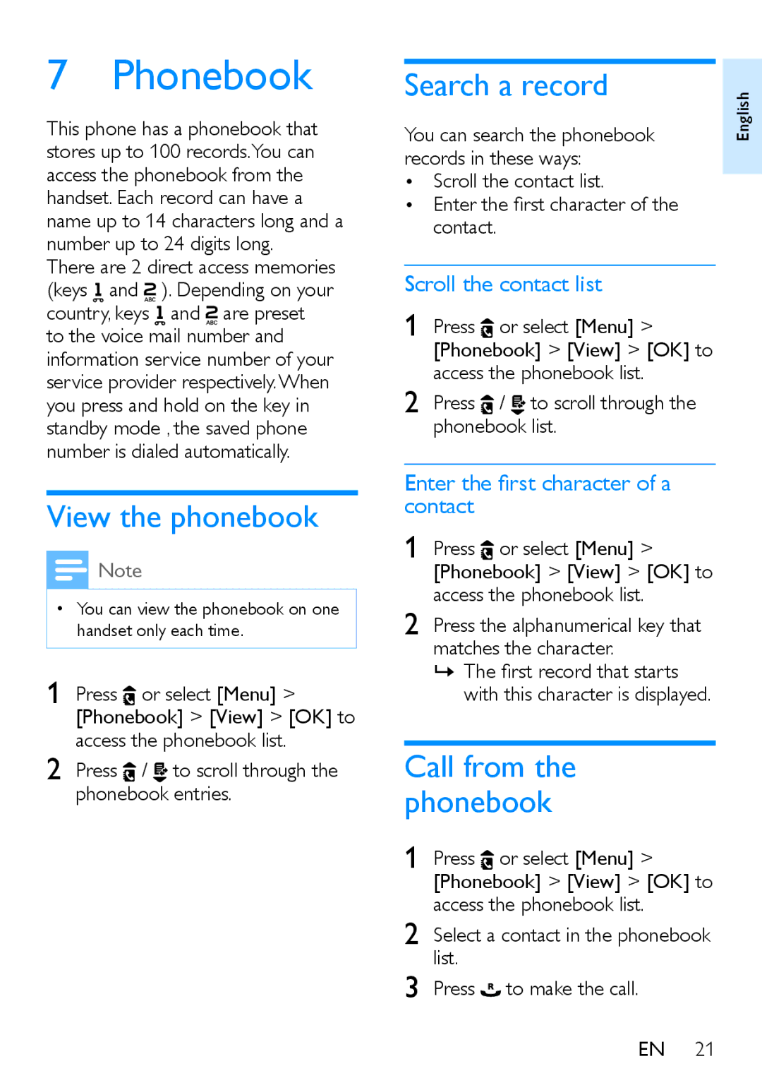 Philips XL390, XL395 user manual Phonebook, View the phonebook, Search a record, Call from the phonebook 