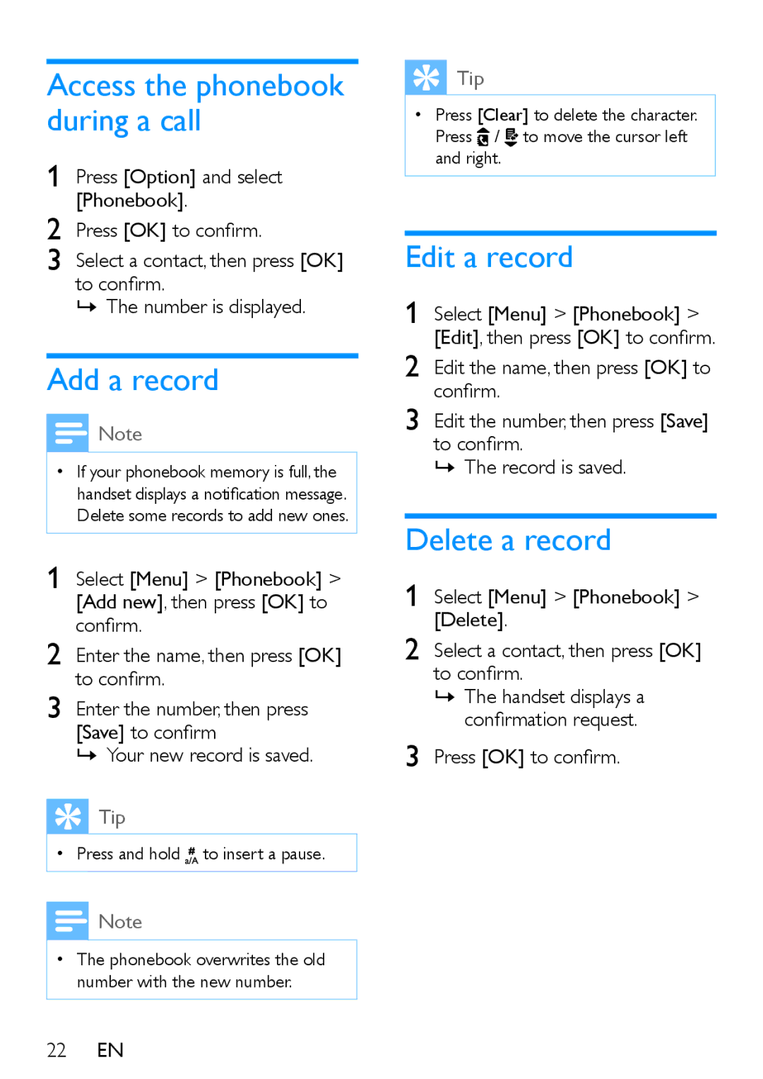 Philips XL395, XL390 user manual Add a record, Edit a record, Delete a record 