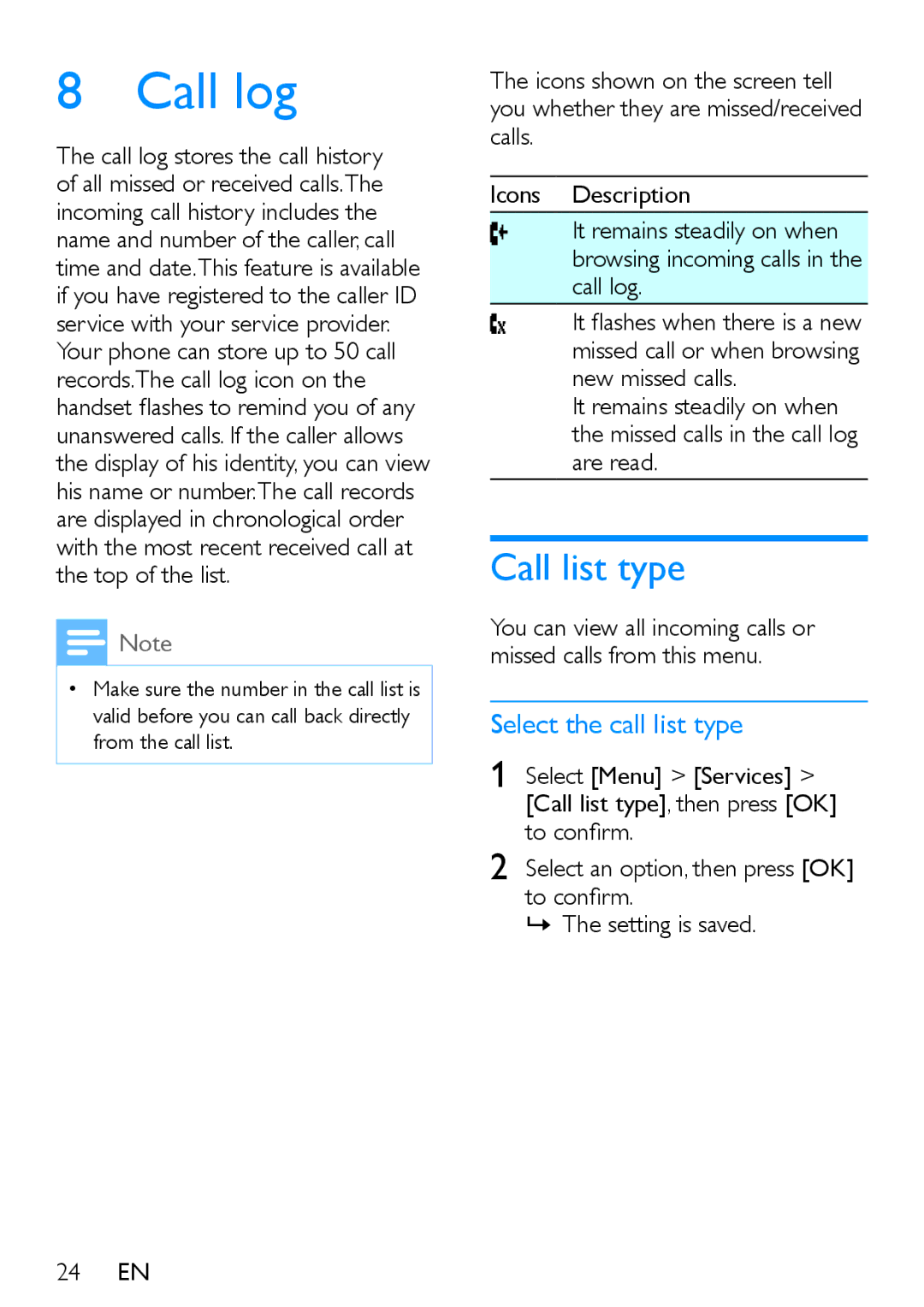 Philips XL395, XL390 user manual Call log, Call list type, Select the call list type 