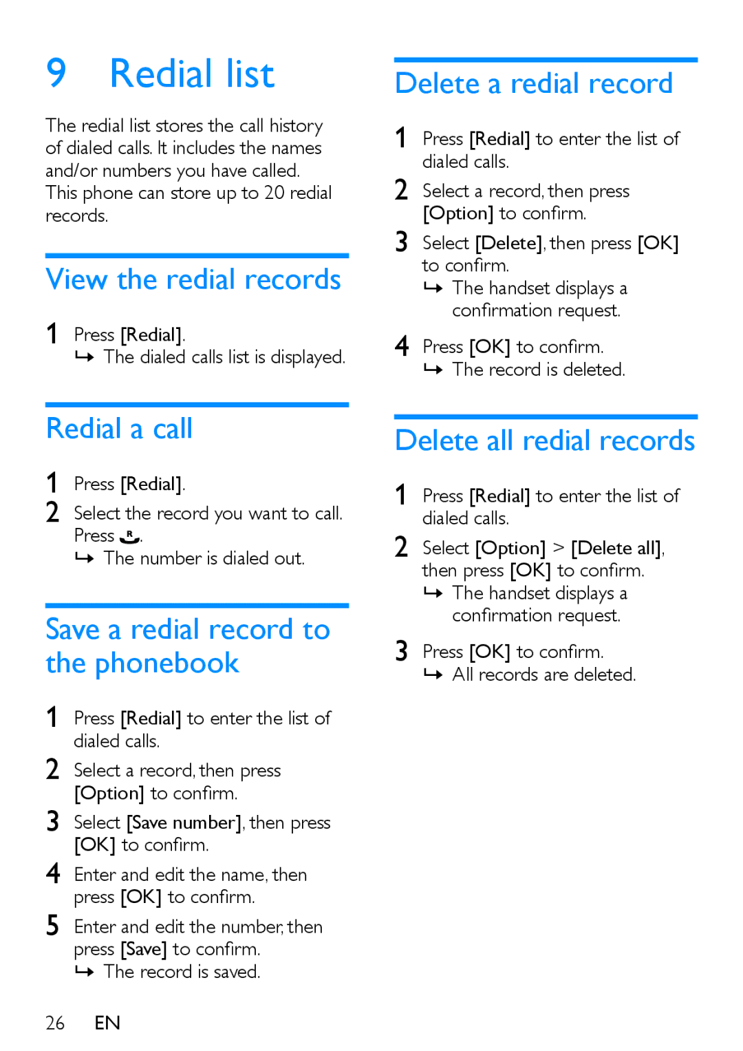 Philips XL395, XL390 user manual Redial list 