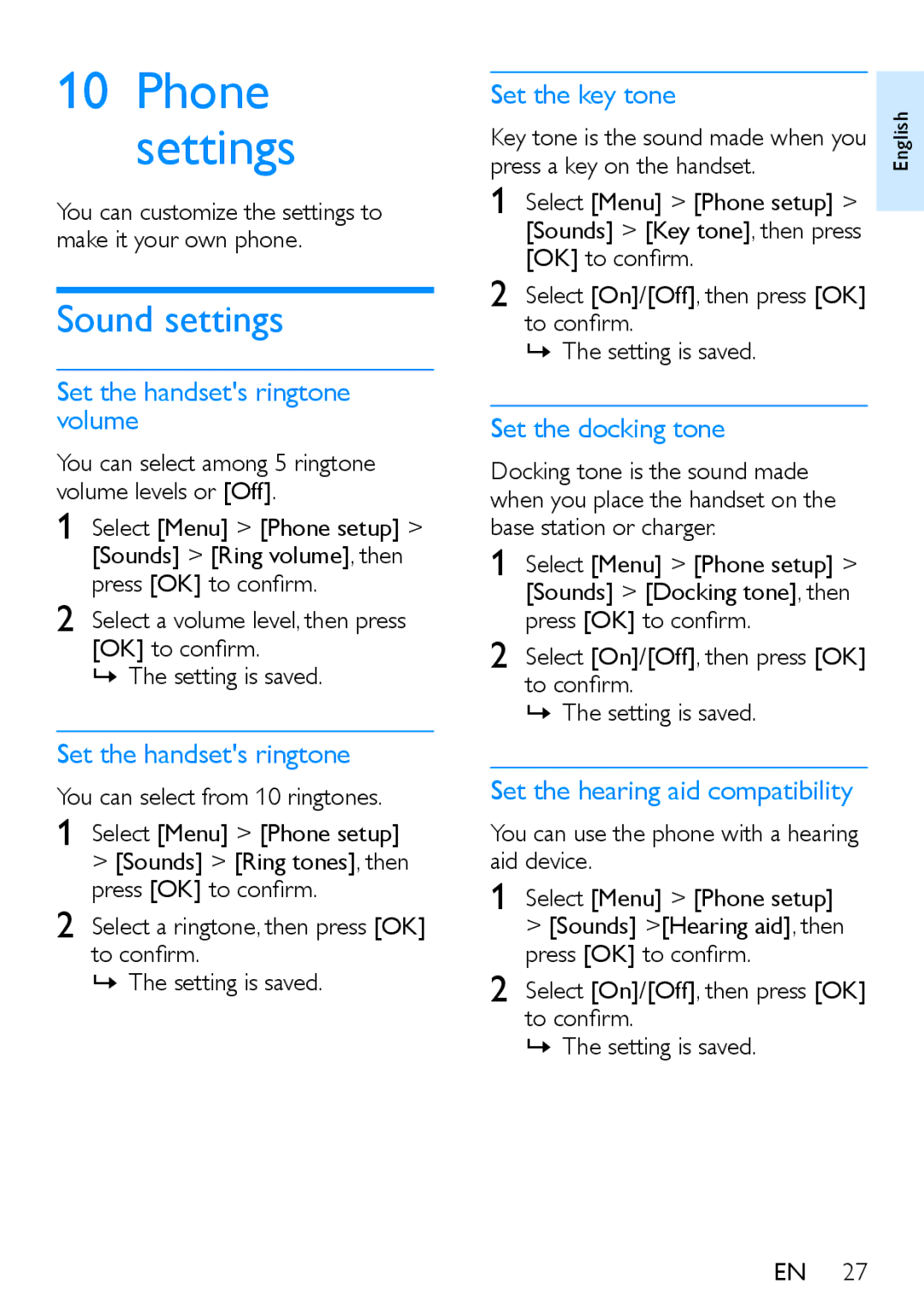 Philips XL390, XL395 user manual Sound settings 