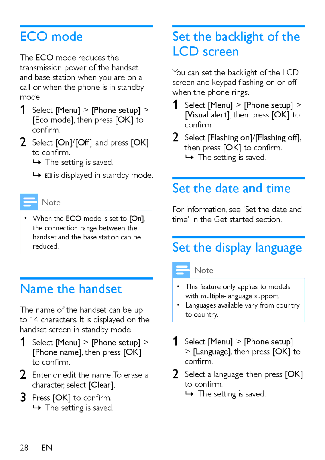 Philips XL395, XL390 user manual ECO mode, Name the handset, Set the backlight of the LCD screen, Set the date and time 