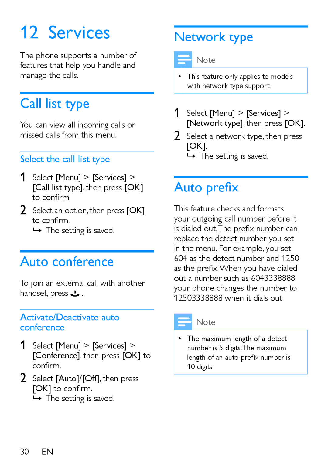 Philips XL395, XL390 user manual Services, Auto conference, Network type, Auto prefix, Activate/Deactivate auto conference 