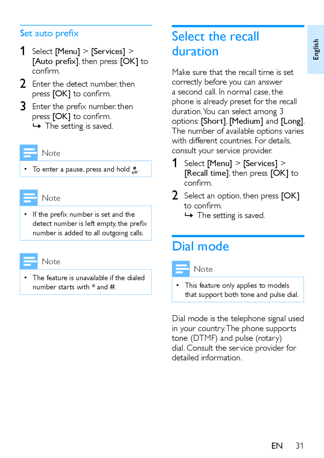 Philips XL390, XL395 user manual Select the recall, Duration, Dial mode, Set auto prefix 