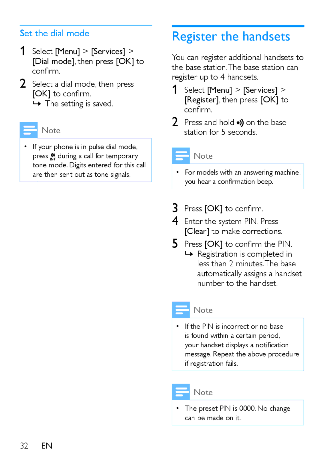 Philips XL395 Register the handsets, Set the dial mode, Select Menu Services Register, then press OK to confirm, 32 EN 