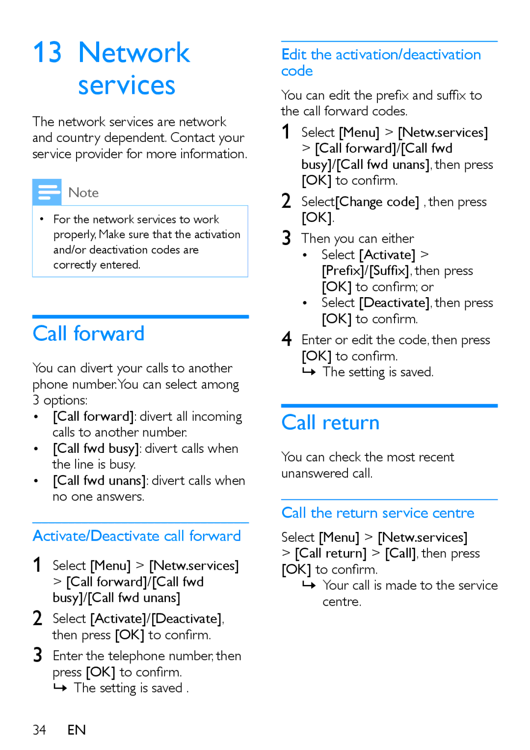 Philips XL395, XL390 user manual Network services, Call forward, Call return 