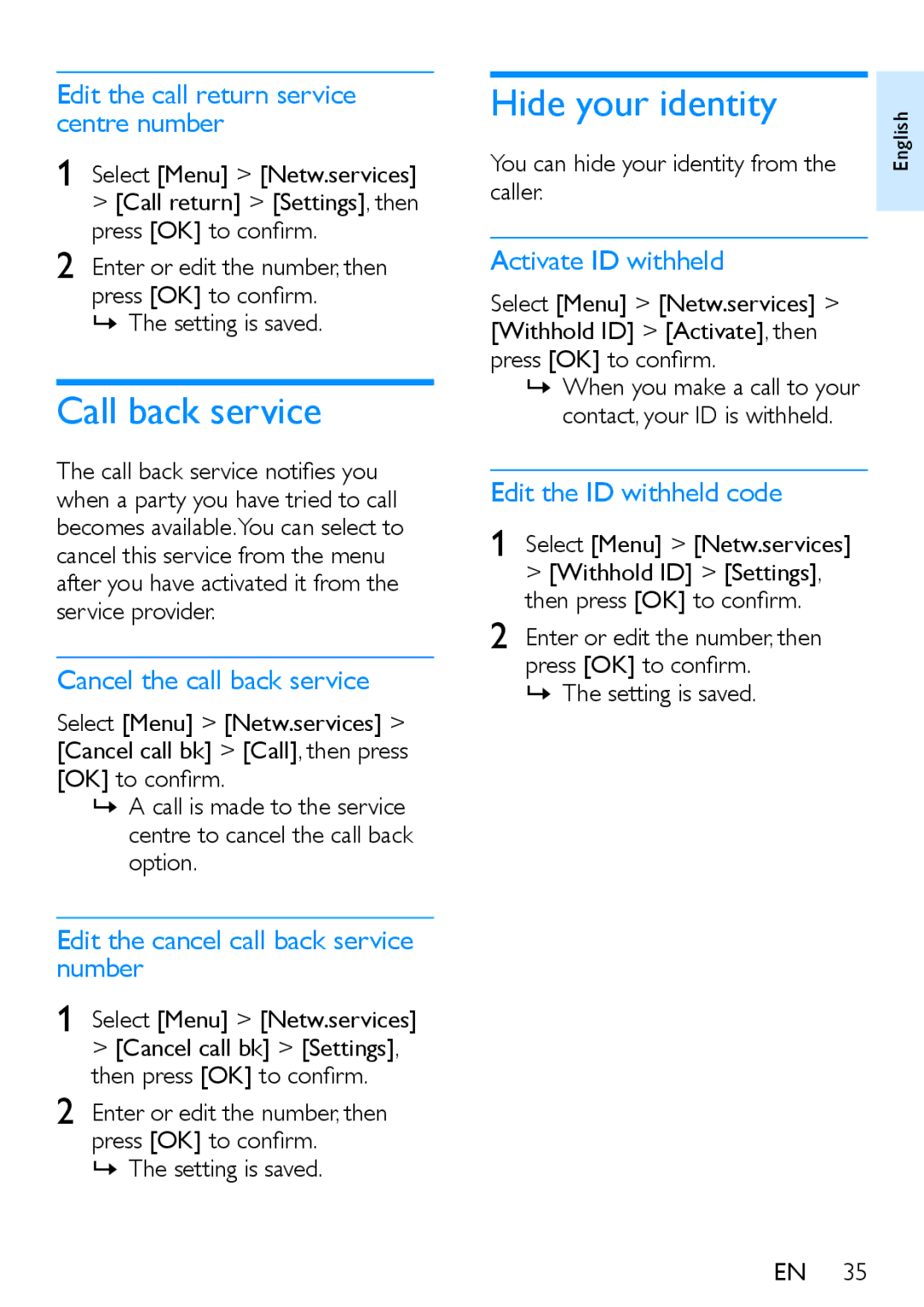 Philips XL390, XL395 user manual Call back service, Hide your identity 