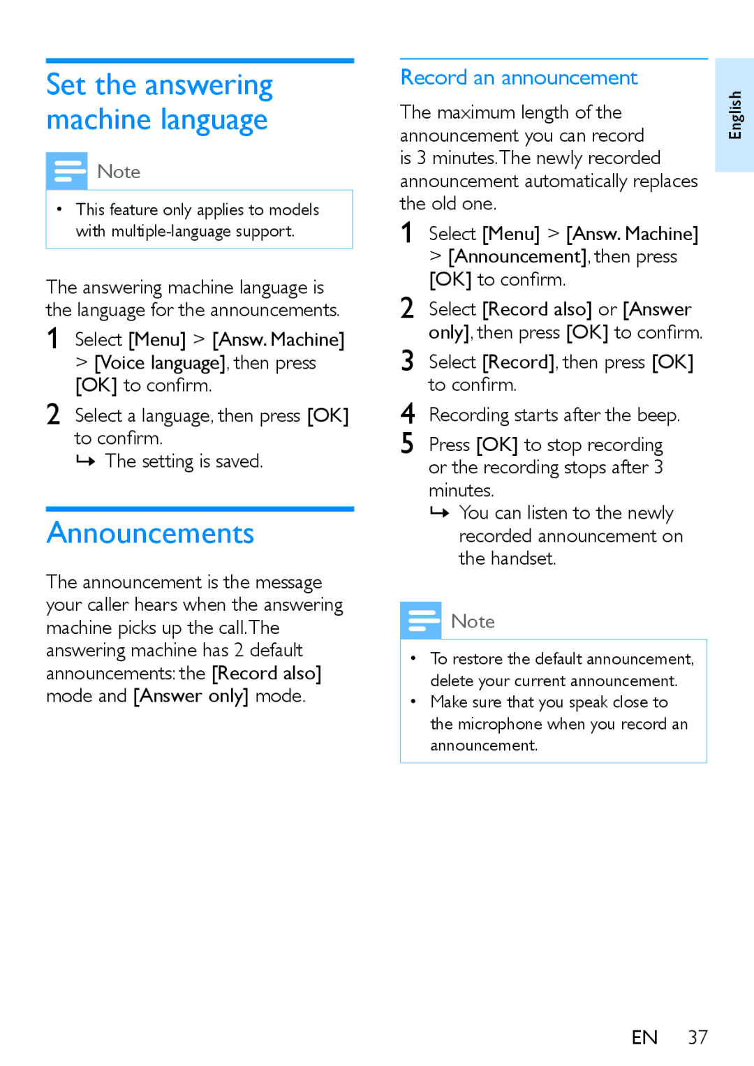 Philips XL390, XL395 user manual Announcements, Record an announcement, Announcement, then press OK to confirm 