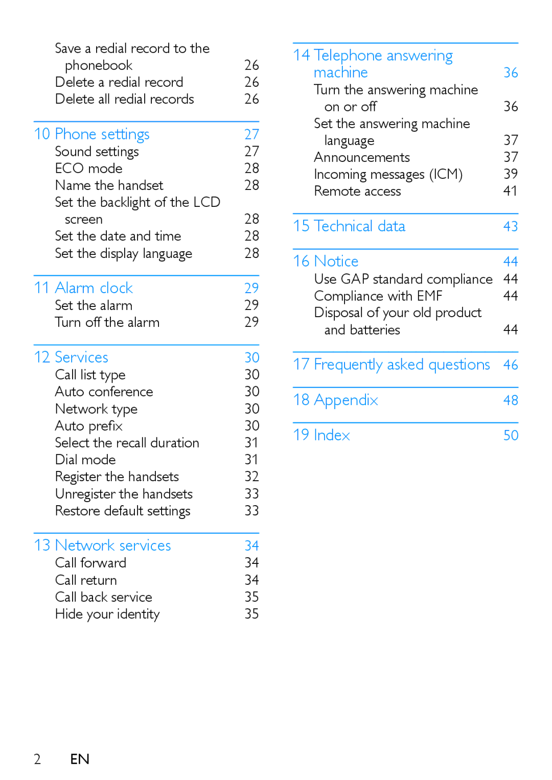 Philips XL395, XL390 Phone settings, Alarm clock, Services, Network services, Telephone answering Machine, Technical data 