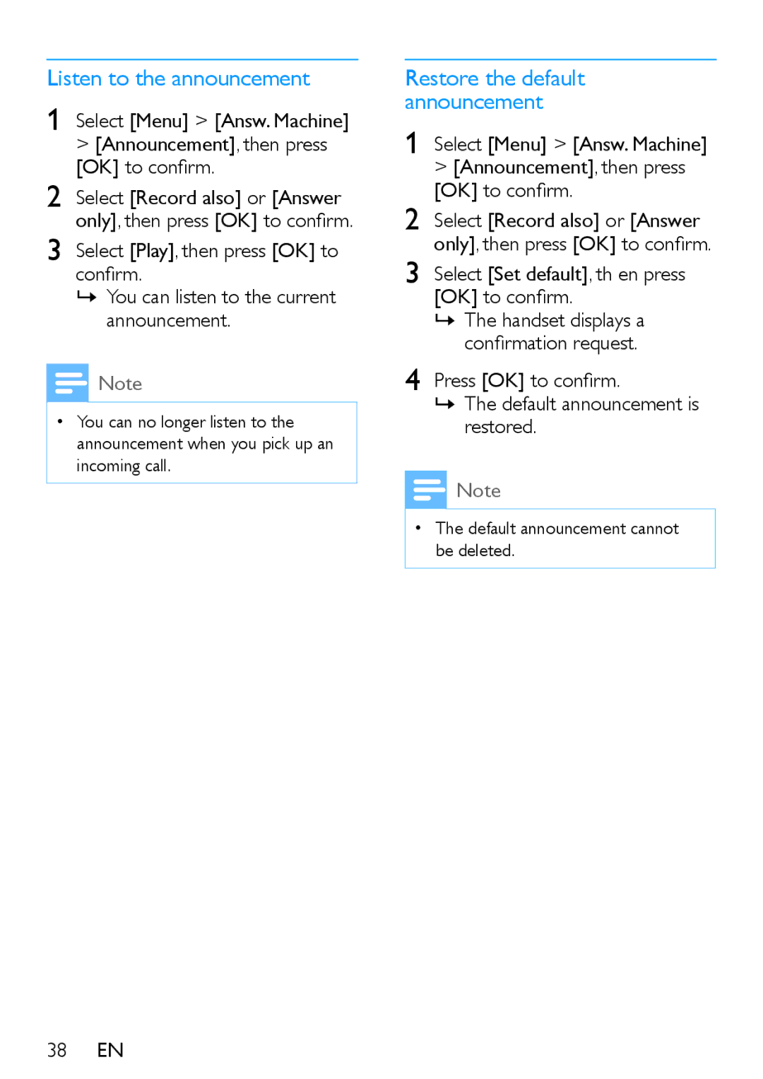 Philips XL395, XL390 user manual Listen to the announcement, 38 EN 