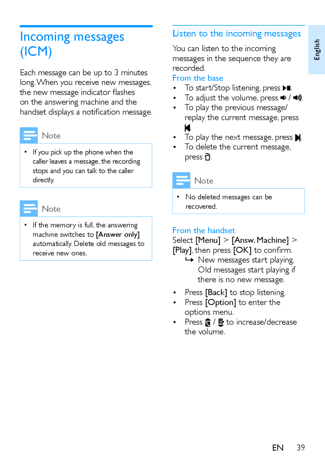 Philips XL390, XL395 user manual Incoming messages ICM, To start/Stop listening, press 