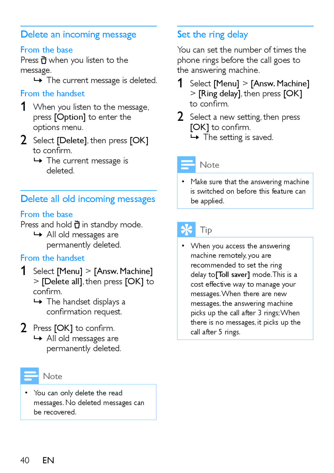 Philips XL395, XL390 user manual Delete an incoming message, Set the ring delay, Permanently deleted, 40 EN 