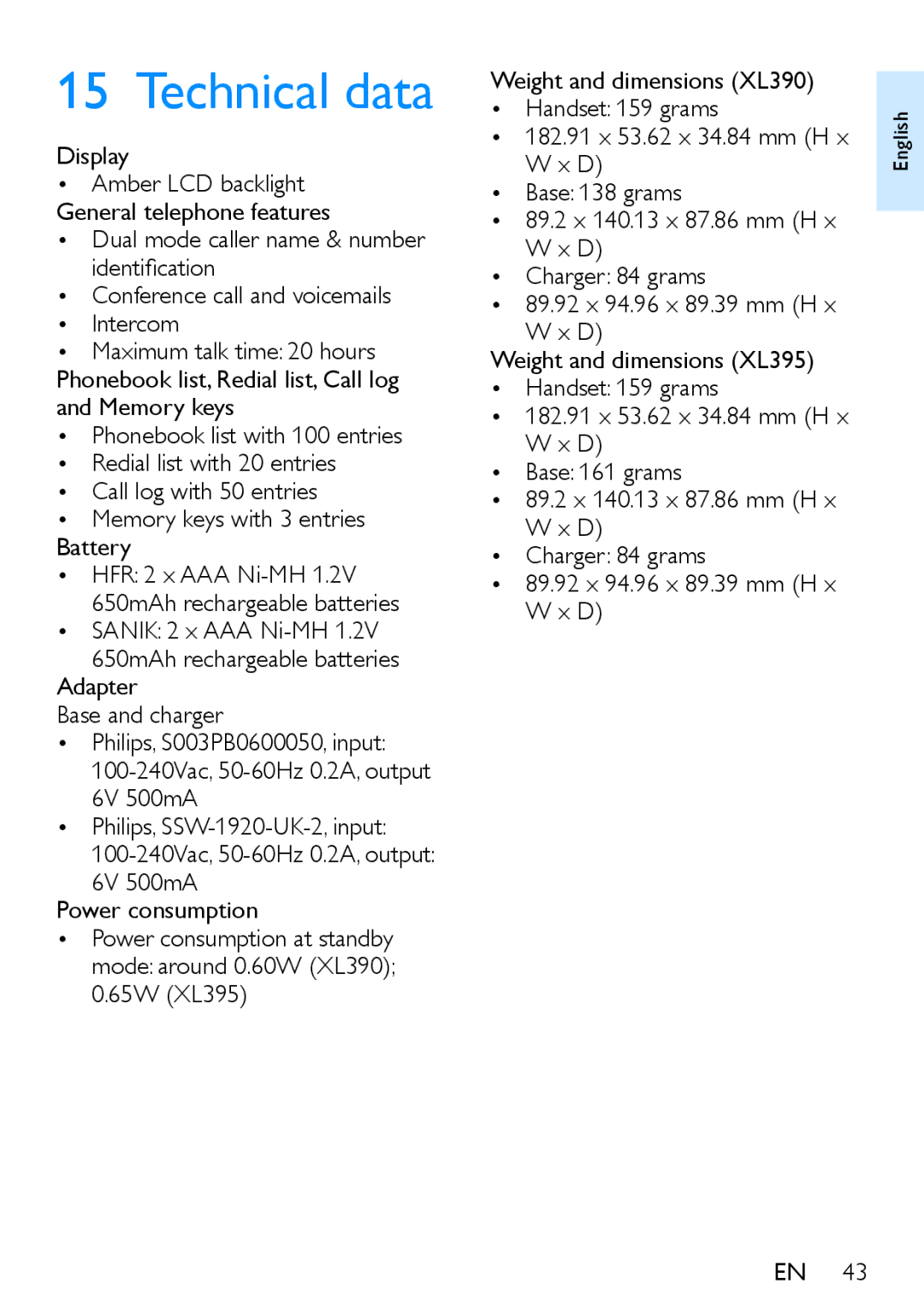 Philips XL390, XL395 user manual Technical data, Display 