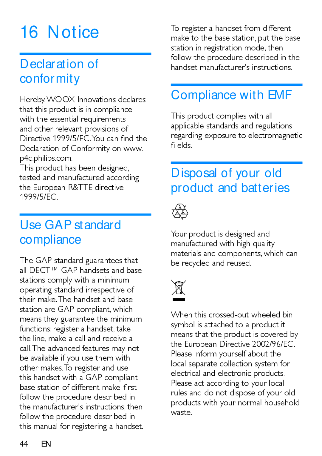 Philips XL395, XL390 Declaration of conformity, Compliance with EMF, Disposal of your old product and batteries, 44 EN 