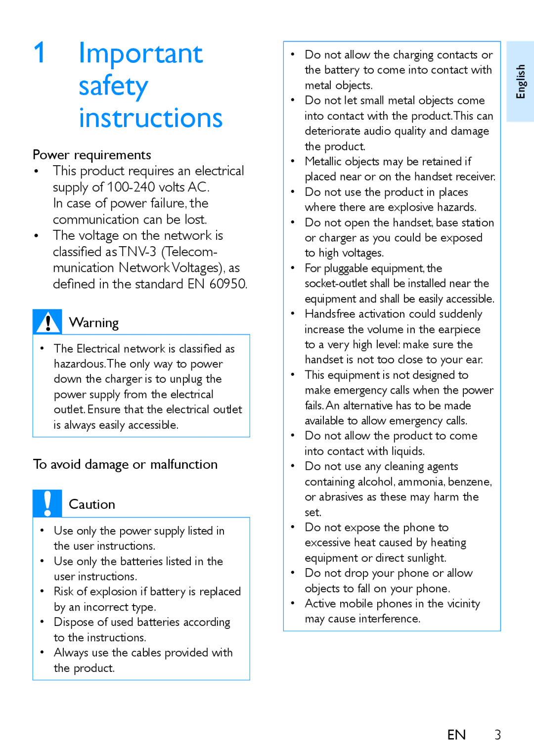 Philips XL390, XL395 user manual Important safety Instructions, Power requirements, To avoid damage or malfunction 