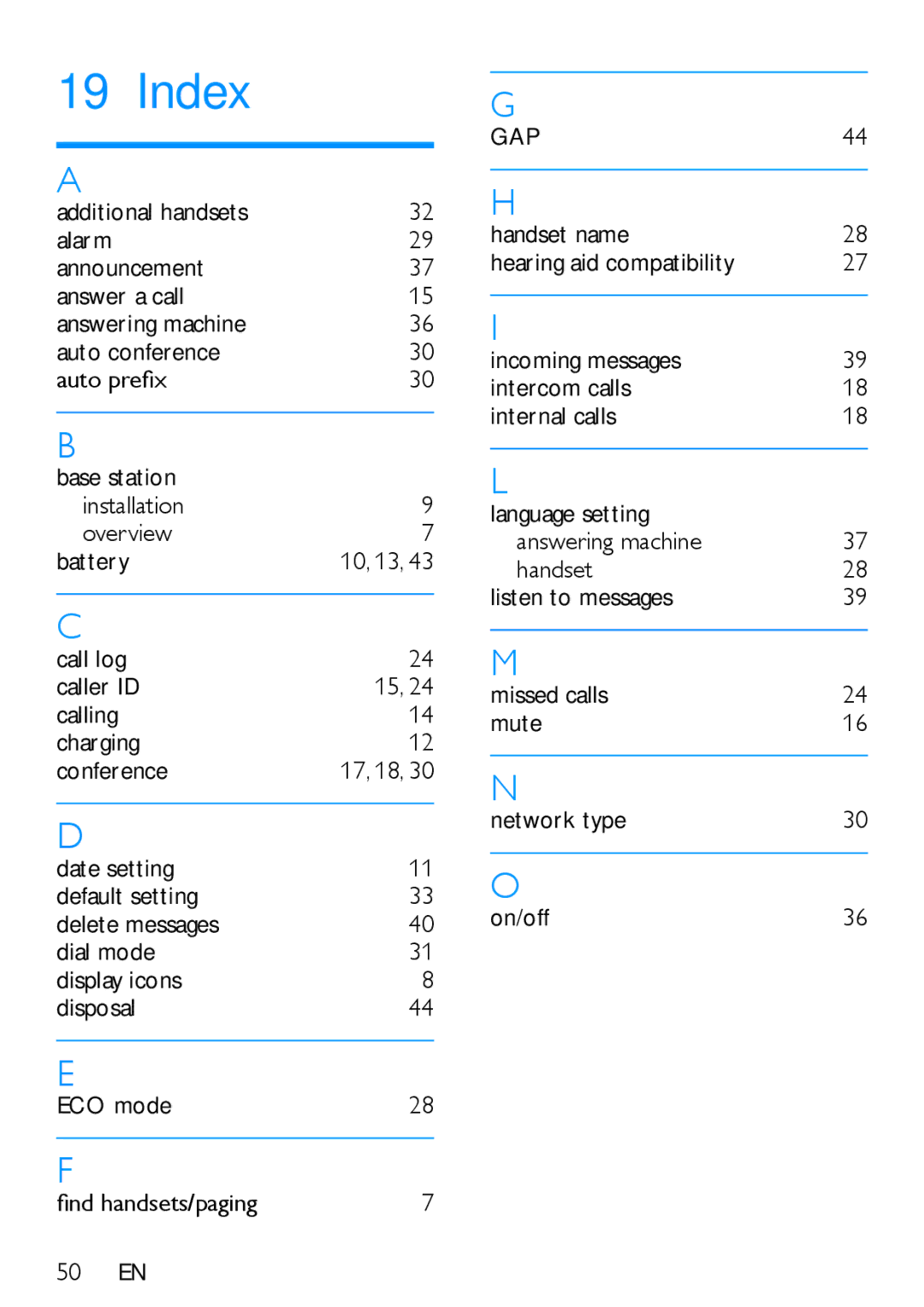 Philips XL395, XL390 user manual Index, Gap 