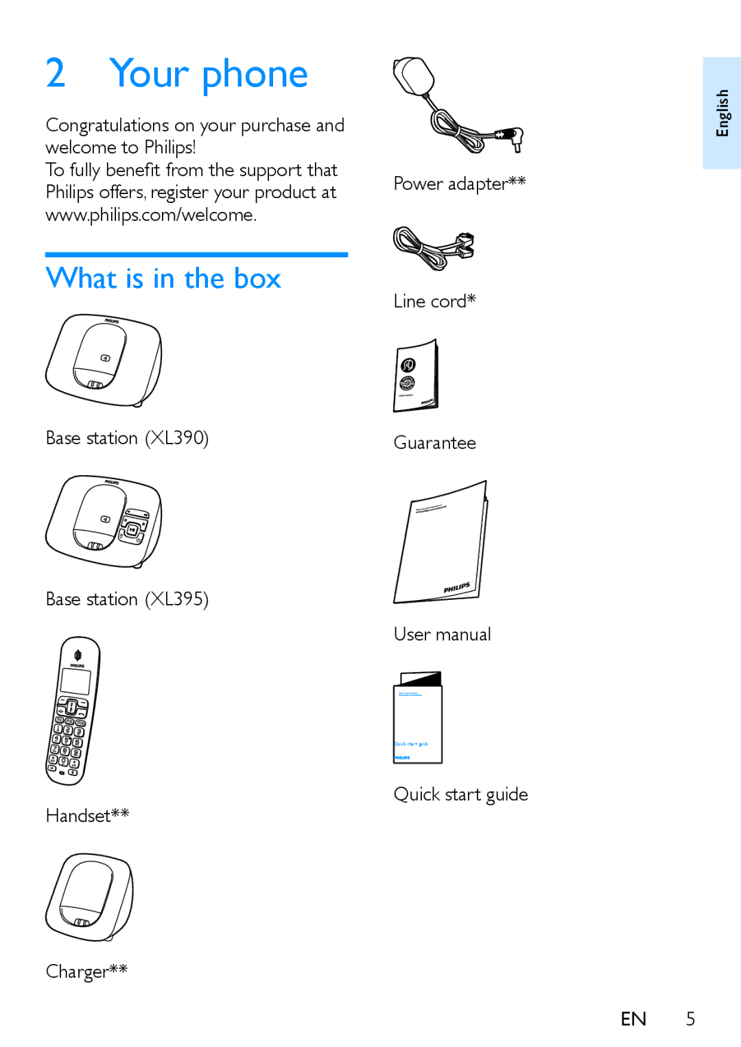 Philips XL390 Your phone, What is in the box, Congratulations on your purchase and welcome to Philips, Quick start guide 