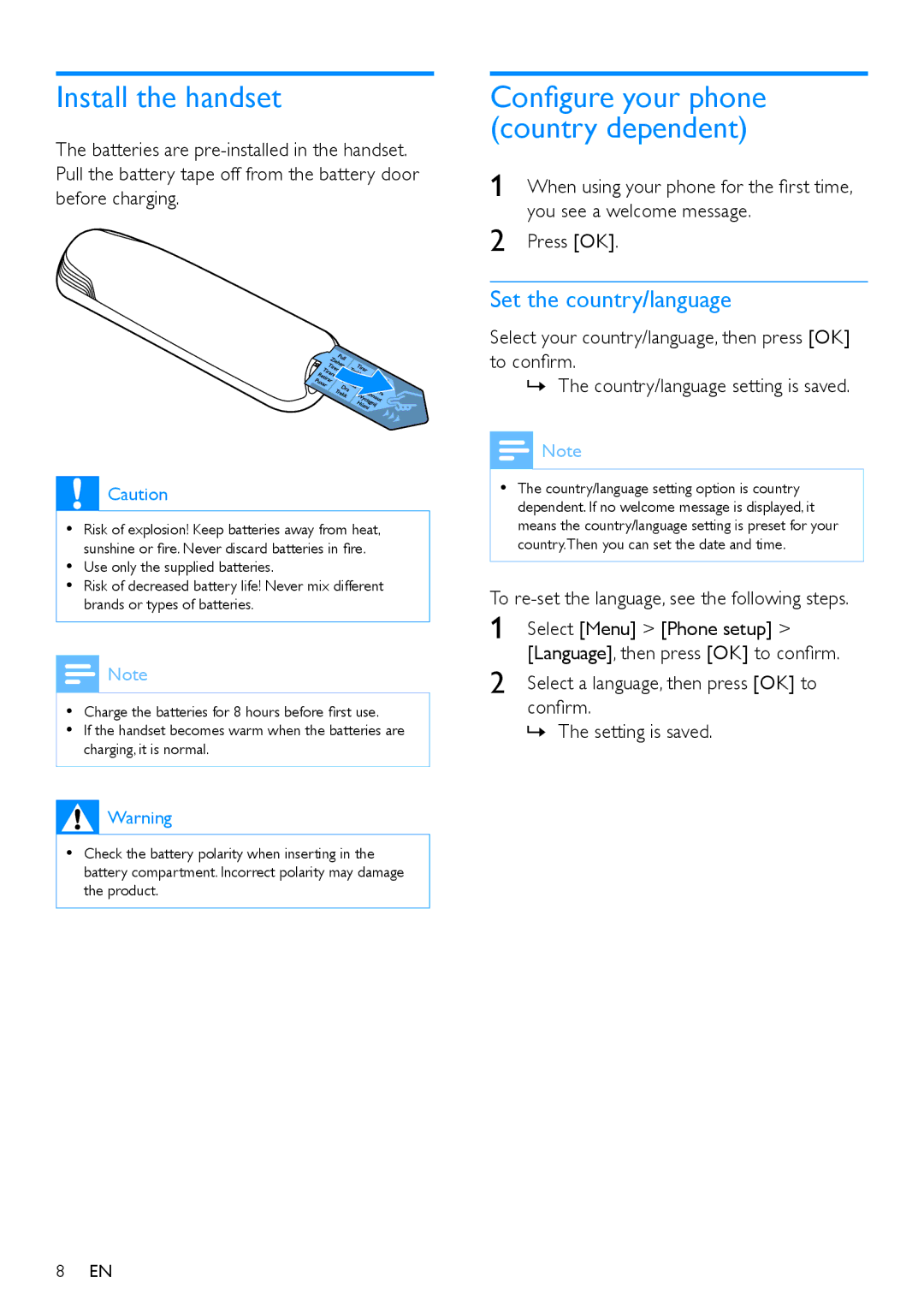 Philips XL395, XL390 user manual Install the handset, Set the country/language 