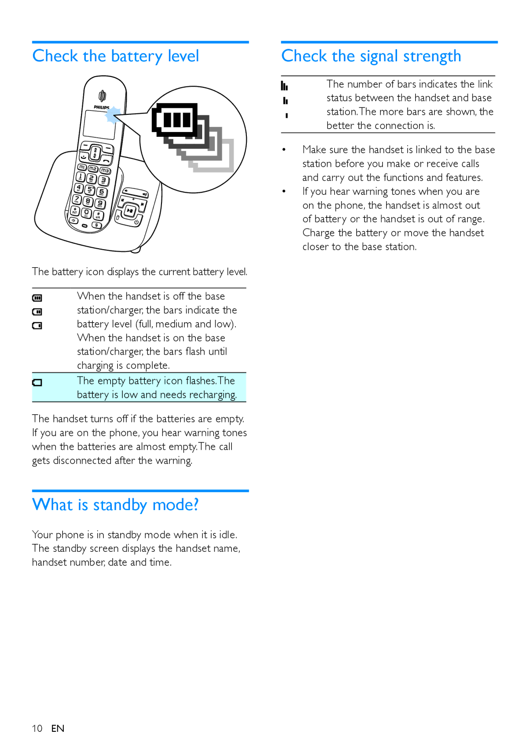 Philips XL395, XL390 user manual Check the battery level, What is standby mode?, Check the signal strength 