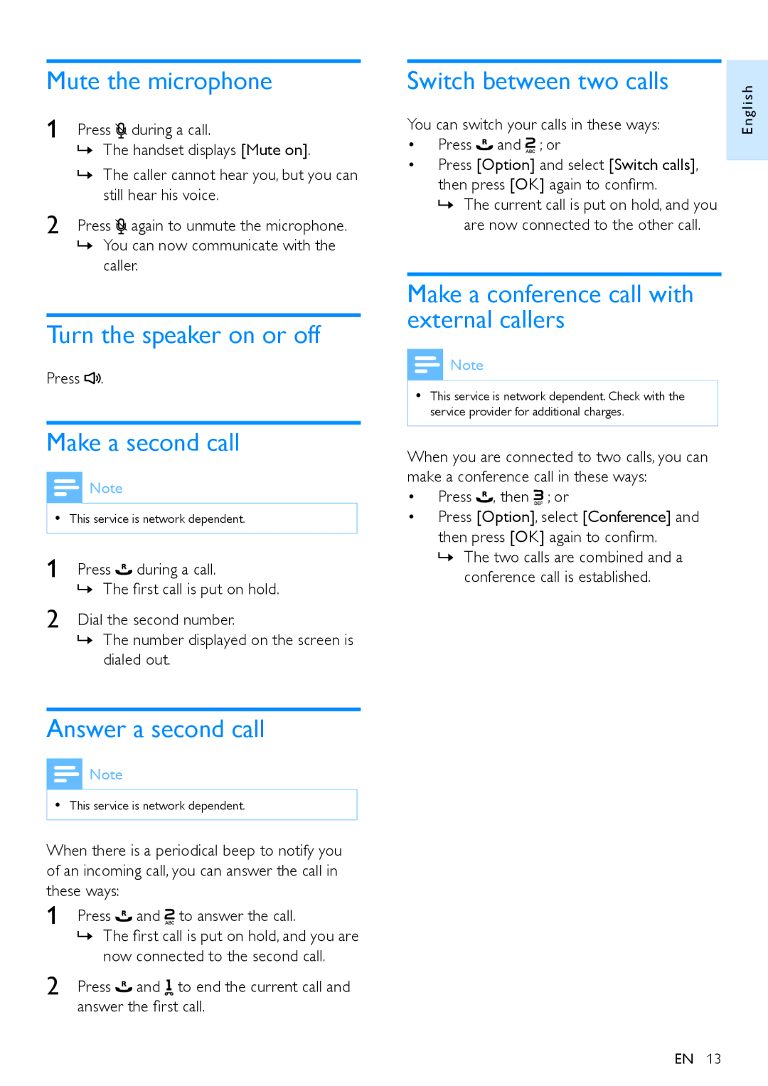 Philips XL390, XL395 user manual Mute the microphone, Turn the speaker on or off, Make a second call, Answer a second call 