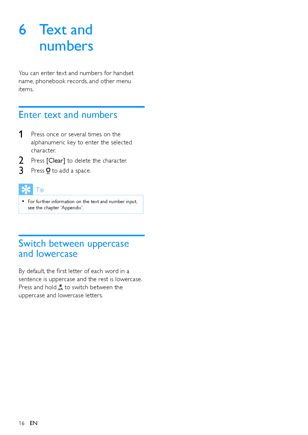 Philips XL395, XL390 user manual Text and numbers, Enter text and numbers 