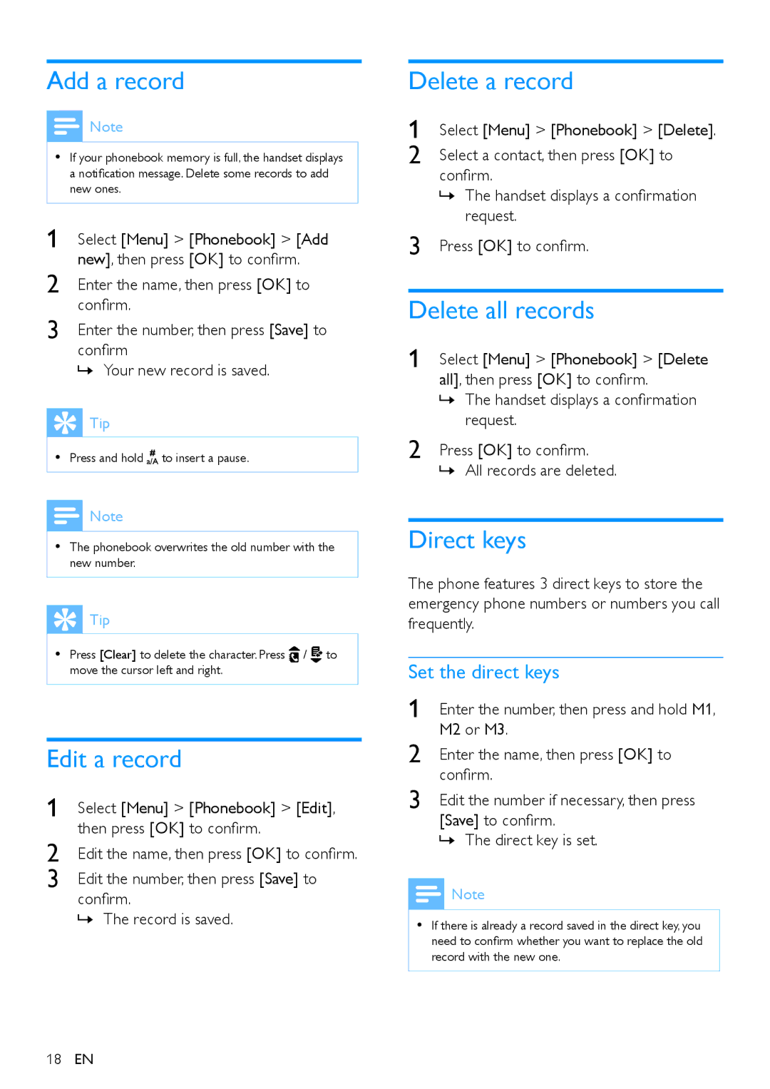 Philips XL395, XL390 user manual Add a record, Edit a record, Delete a record, Delete all records, Direct keys 