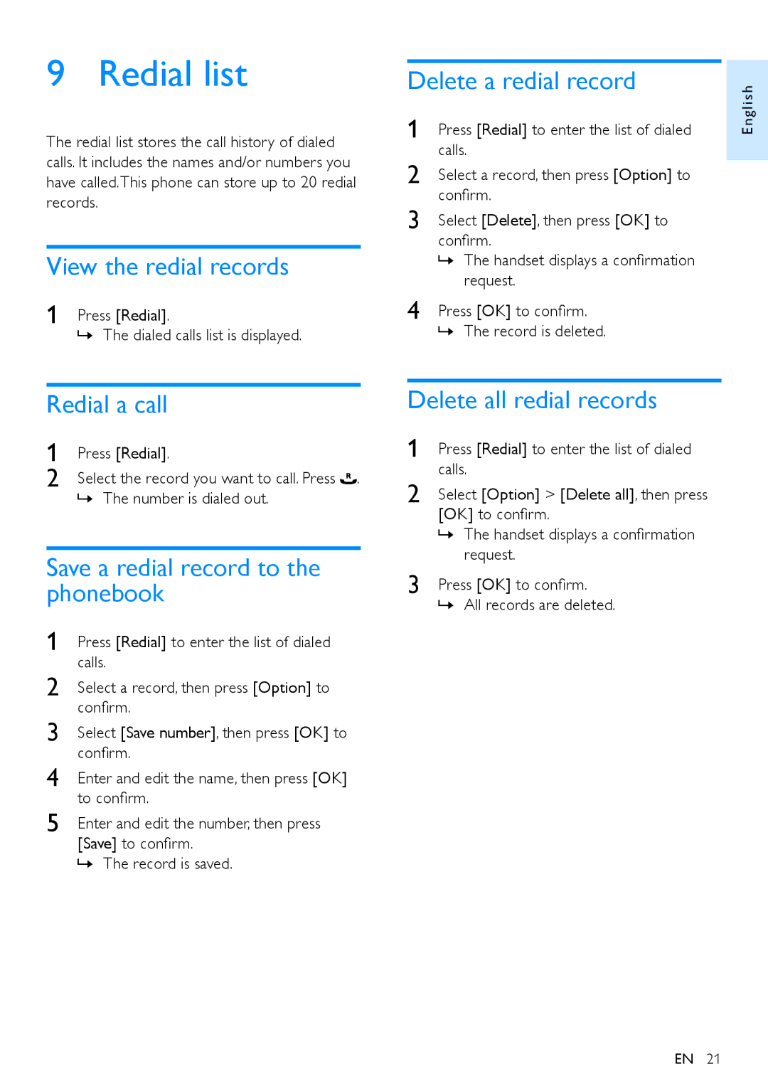 Philips XL390, XL395 user manual Redial list 