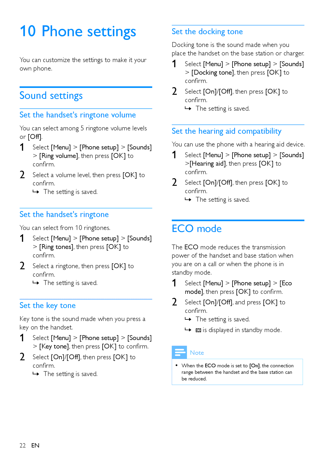 Philips XL395, XL390 user manual Phone settings, Sound settings, ECO mode 